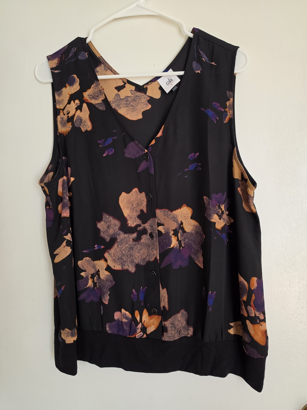 CAbi Black Floral Button-Front Sleeveless Blouse with Gold & Purple Accents
